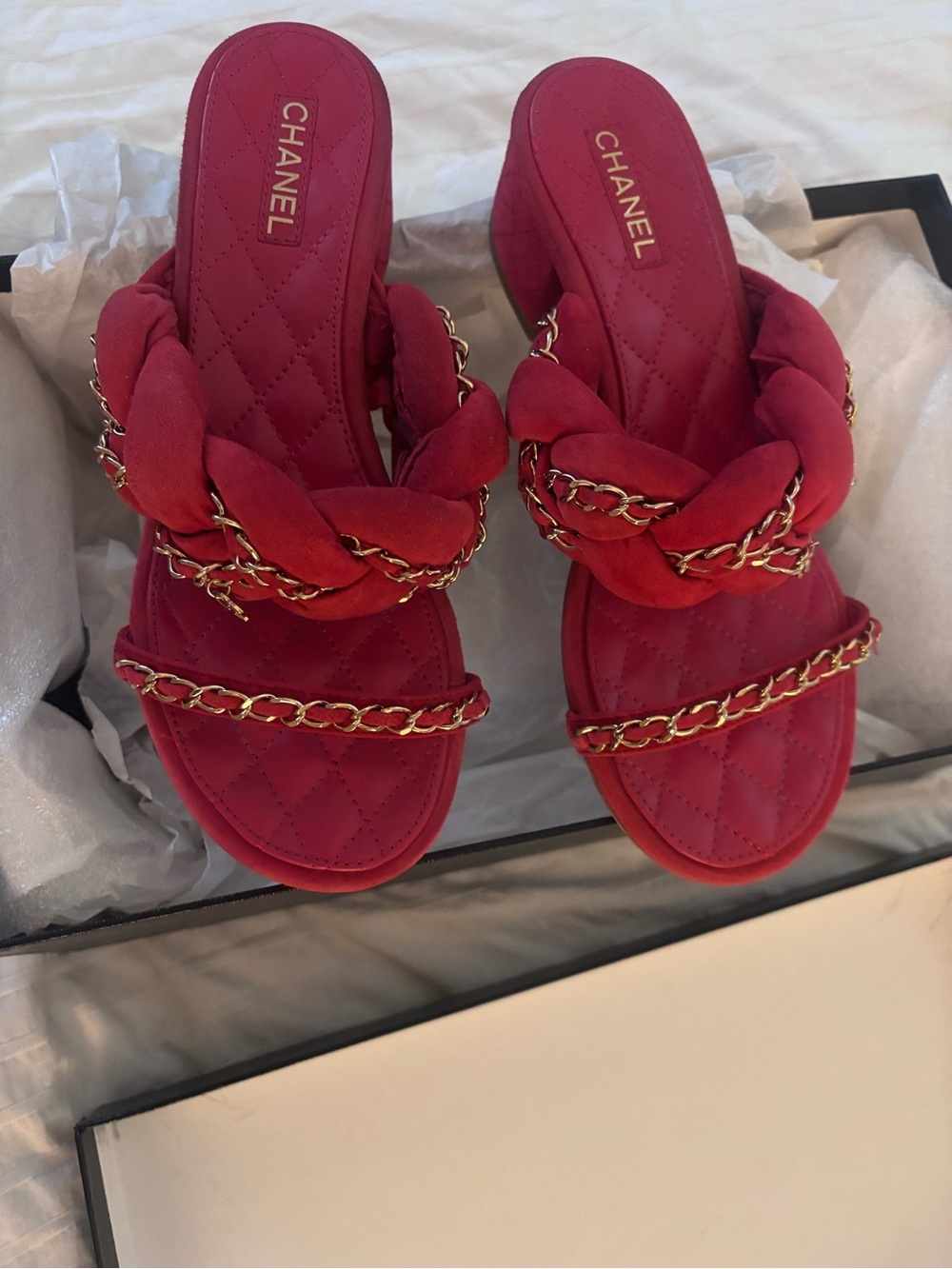 CHANEL Red Quilted Slide Mules with Gold Chain Trim - Picture 3 of 8